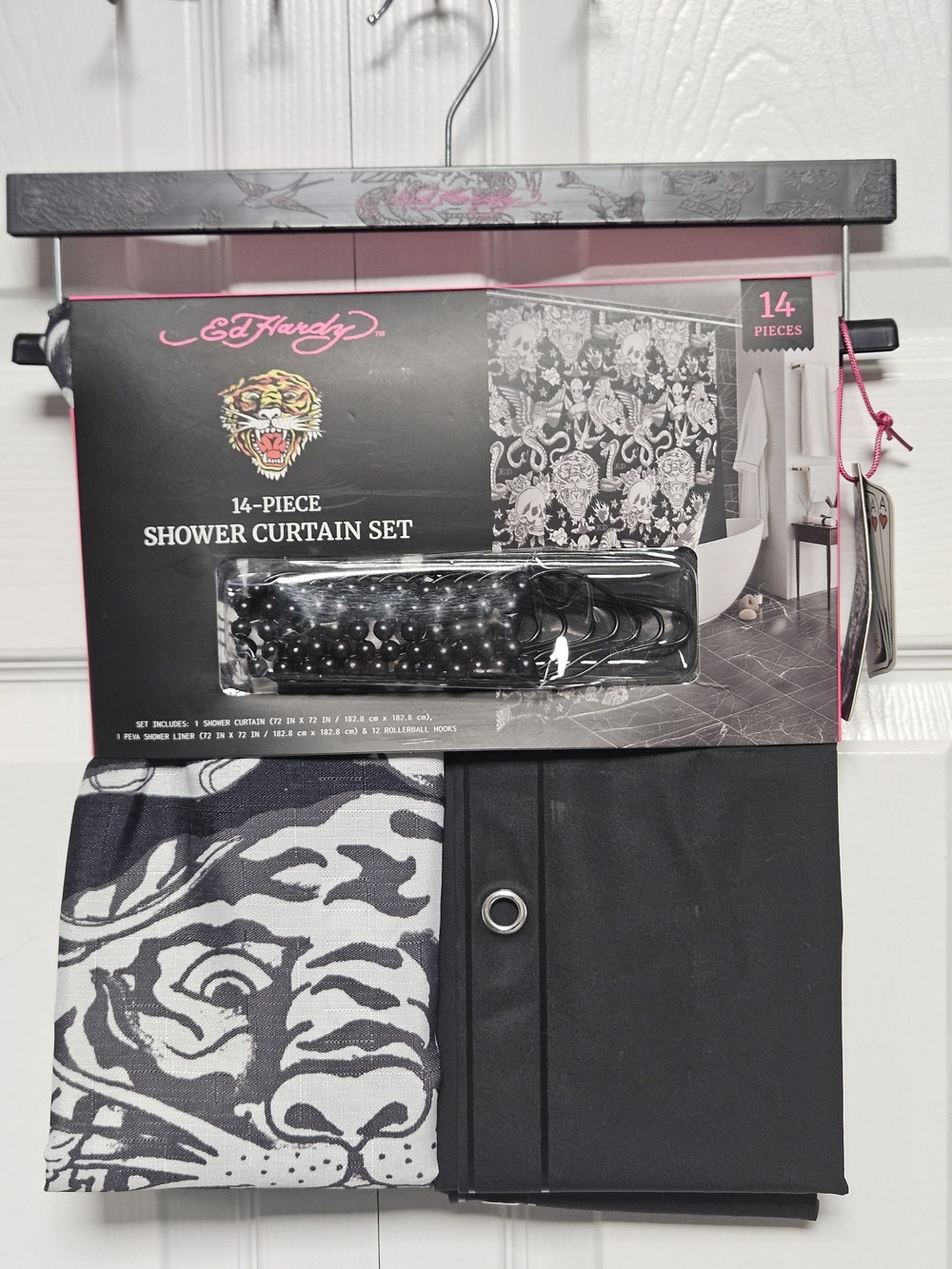 Ed Hardy 14 Piece Shower Curtain Set Tiger Skull Roses Black Hooks Liner